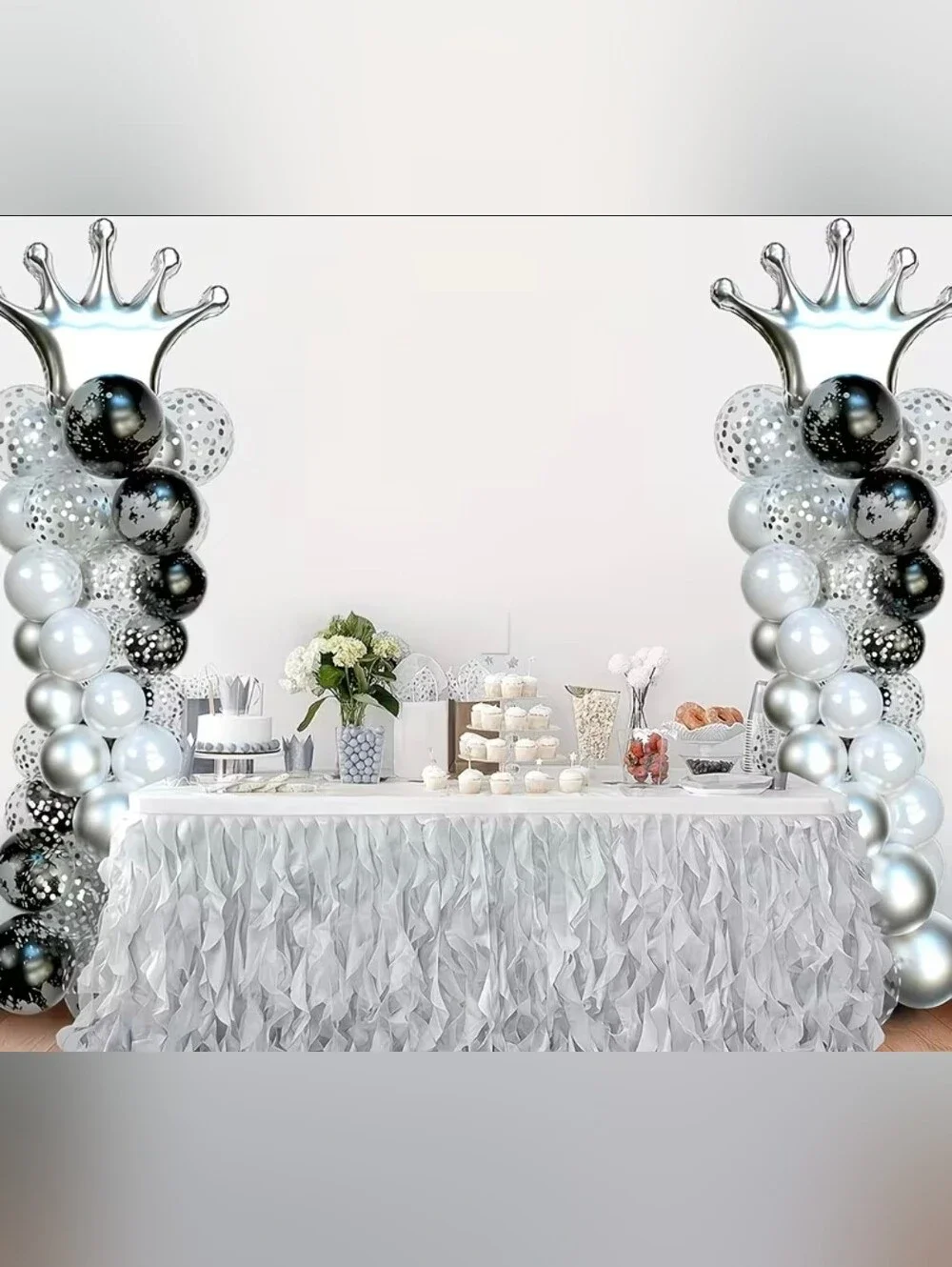 Silver & White Balloon Columns with Crown Toppers - Party Decor